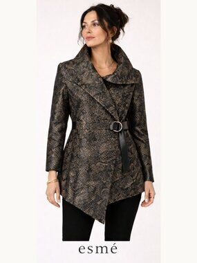 esmé Asymmetrical Wrap Jacket Belted Jacquard Sculptural Black Bronze Large NWOT